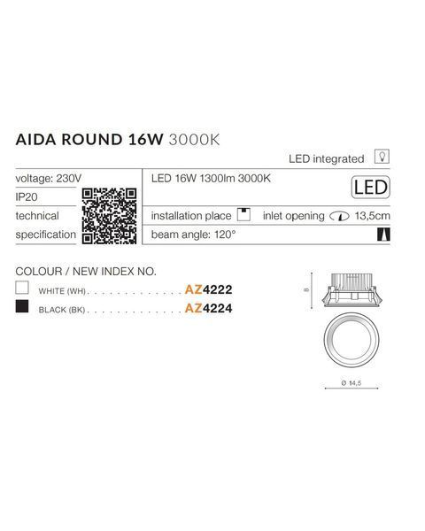 Точечный светильник AZzardo AZ4222 Aida Round 16w 3000k Wh AZ4222 фото