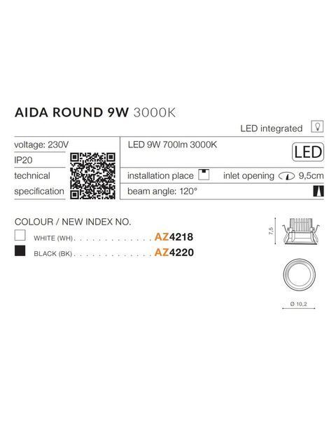 Точечный светильник AZzardo AZ4220 Aida Round 9w 3000k Bk AZ4220 фото