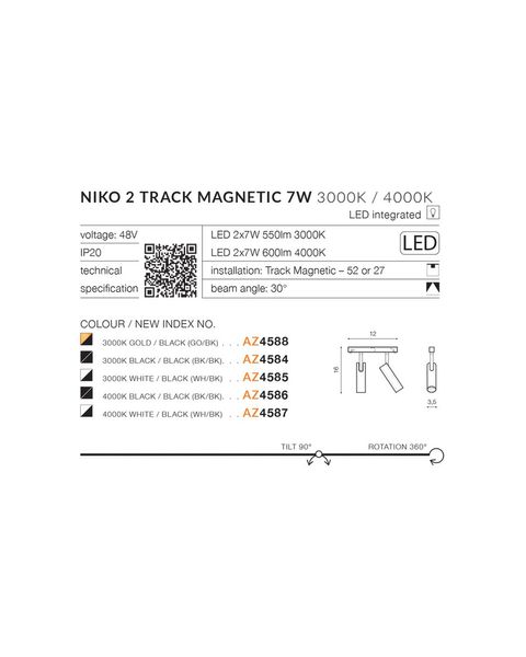 Магнитный светильник AZzardo AZ4587 Niko 2 Track Magnetic 2x7w 4000k Wh/Bk AZ4587 фото