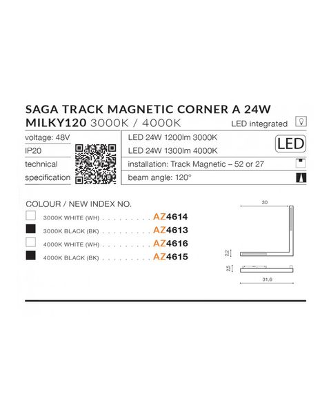 Магнитный светильник AZzardo AZ4616 Saga Track Magnetic Corner a 24w Milky120 4000k Wh AZ4616 фото