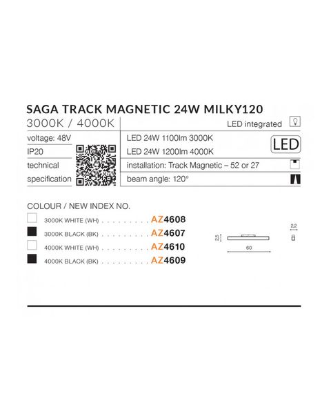 Магнітний світильник AZzardo AZ4607 Saga Track Magnetic 24w Milky120 3000k Bk AZ4607 фото