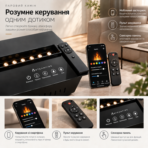 Water vapor fireplace SteamFire Smart Water PRO 64-Color, Black Glass - 800 мм