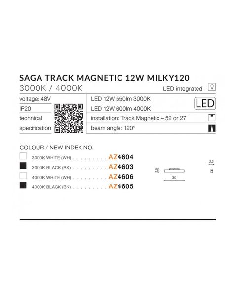 Магнітний світильник AZzardo AZ4606 Saga Track Magnetic 12w Milky120 4000k Wh AZ4606 фото