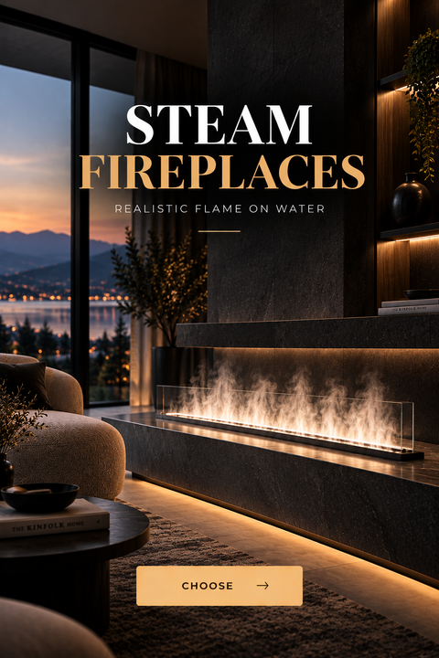 Steam fireplace with a smokeless real-flame effect