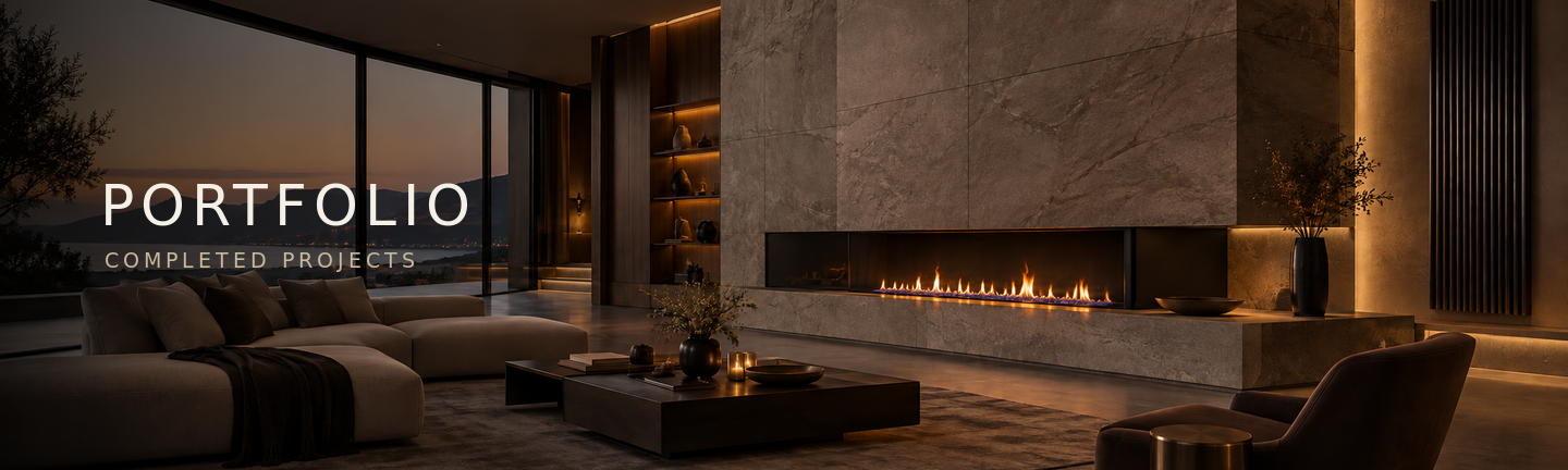 Completed interior project featuring a panoramic linear fireplace in a modern living room